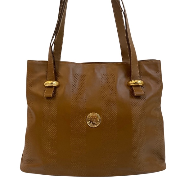Vintage Fendi Caramel Tote Bag w/ COA Gold Hardware Pequin Stripes Authentic Y2K - Picture 16 of 16